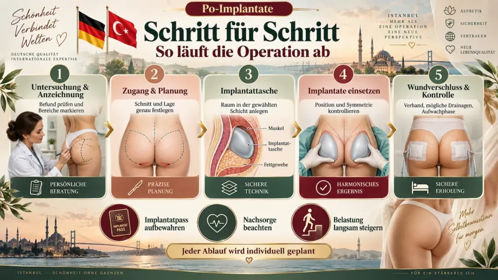 Po-Implantate: Infografik zum Ablauf der Operation von Untersuchung und Anzeichnung bis Wundverschluss und Nachsorge.