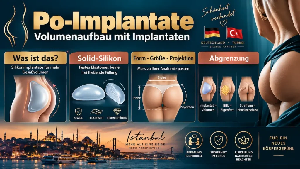Po-Implantate: Infografik zu Solid-Silikon, Form, Größe, Projektion sowie BBL und Gesäßstraffung im Vergleich.