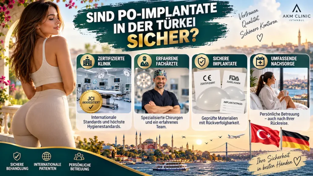 Po-Implantate in der Türkei: Infografik zu Klinikstandards, Fachärzten, Implantatdokumentation und Nachsorge.