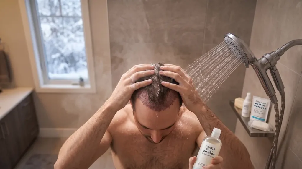 Man washing hair after transplant with gentle shampoo during the Day 11 to 30 return to normal showering phase.