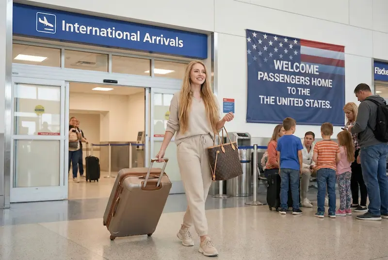 Post op care after flying home: patient arriving at a U.S. airport after international travel, carrying luggage and preparing for at-home recovery instructions.
