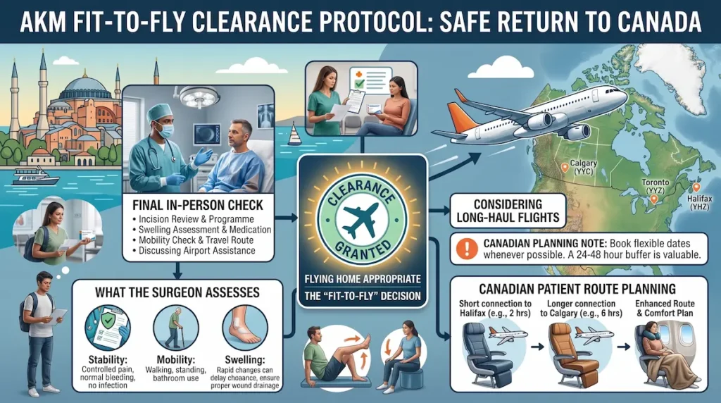 Flight safety after surgery infographic showing AKM fit-to-fly clearance checks for Canadian patients returning home from Istanbul.