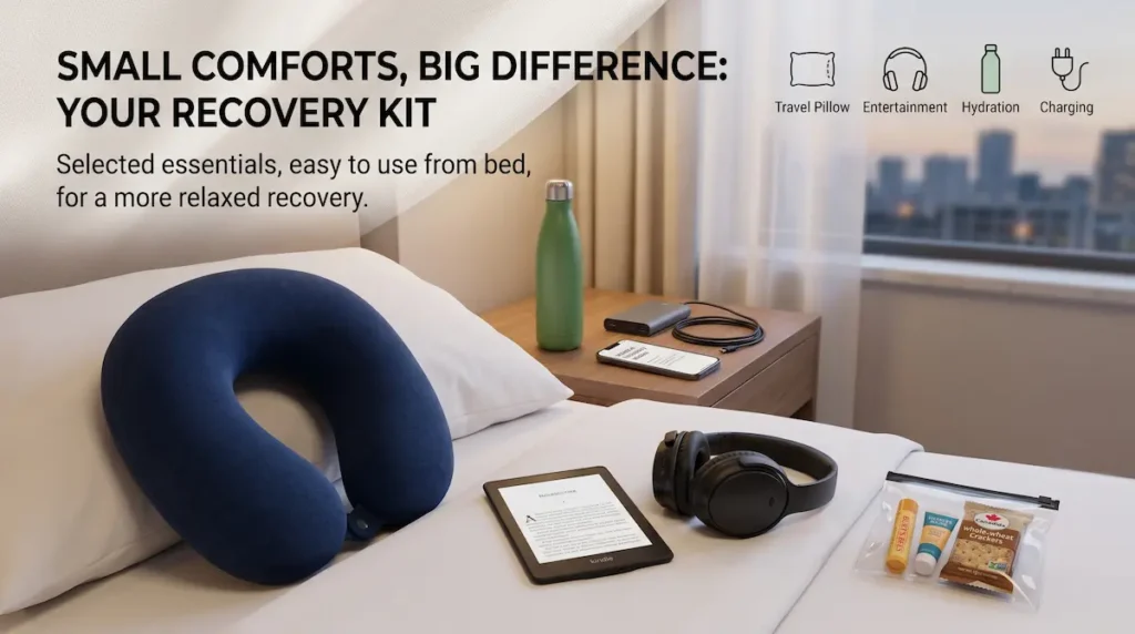 Hotel recovery kit for a medical tourism packing checklist with travel pillow, headphones, water bottle, charger, snacks, and e-reader.