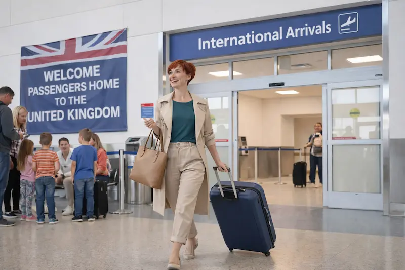Aftercare After Surgery Abroad: UK patient returning through International Arrivals with suitcase, highlighting post-operative support after flying home.