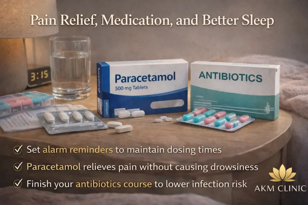 Recovery After Tummy Tuck: paracetamol, antibiotics, and dosing reminders to support pain control and better sleep after surgery.