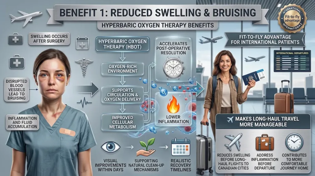 Medical infographic showing hyperbaric oxygen therapy benefits for reduced swelling, bruising, and fit-to-fly recovery after surgery.