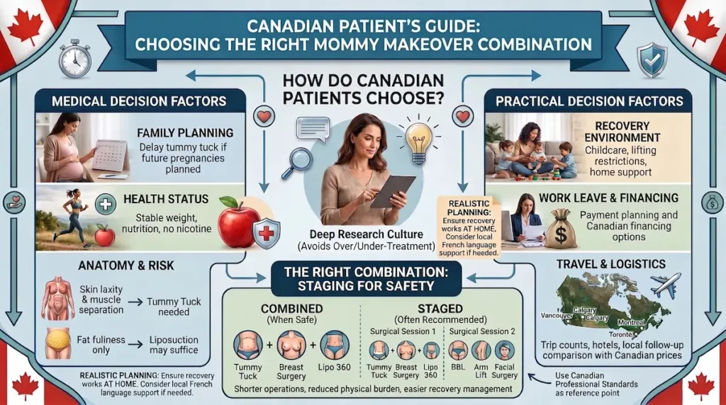 Mommy makeover what is included decision guide showing Canadian factors for choosing combined or staged procedures.