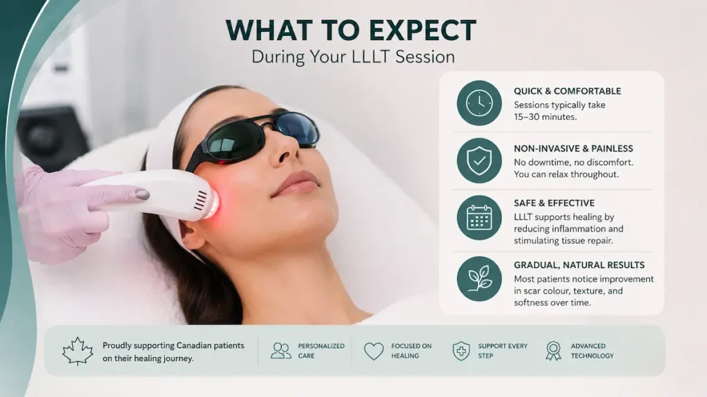 Minimize scars LLLT laser session showing what Canadian patients can expect during comfortable post-surgery scar management.