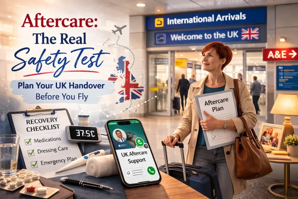 Aftercare After Surgery Abroad visual showing a UK arrivals hall, A&E sign, recovery checklist and an “Aftercare Plan” folder for a safe handover home.