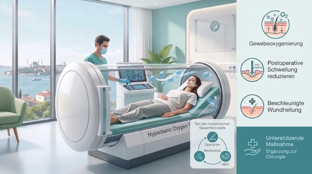 Hyperbare Sauerstofftherapie Vorteile: Patientin in einer HBOT-Druckkammer zur Unterstützung der postoperativen Regeneration.