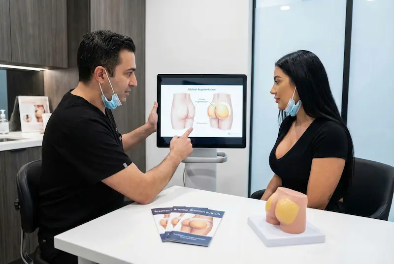 Brazilian butt lift (BBL) pre-op planning consultation showing gluteal augmentation design on screen before surgery.