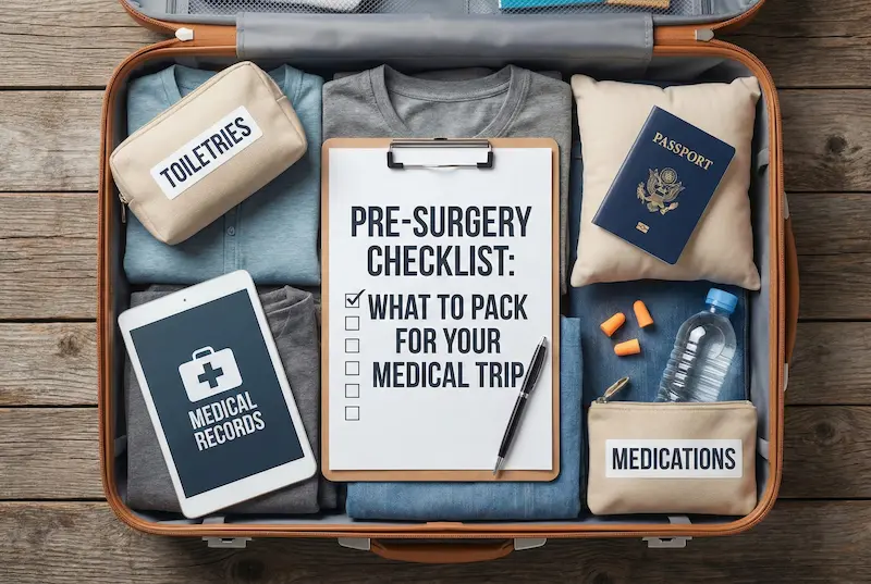 Pre-Plastic Surgery Checklist What To Pack For Your Medical Trip—clipboard in suitcase with passport, medications, toiletries.