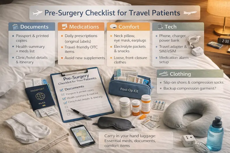 Pre-surgery checklist for travel patients on a hotel bed, showing documents, medications, tech, clothing and comfort items.