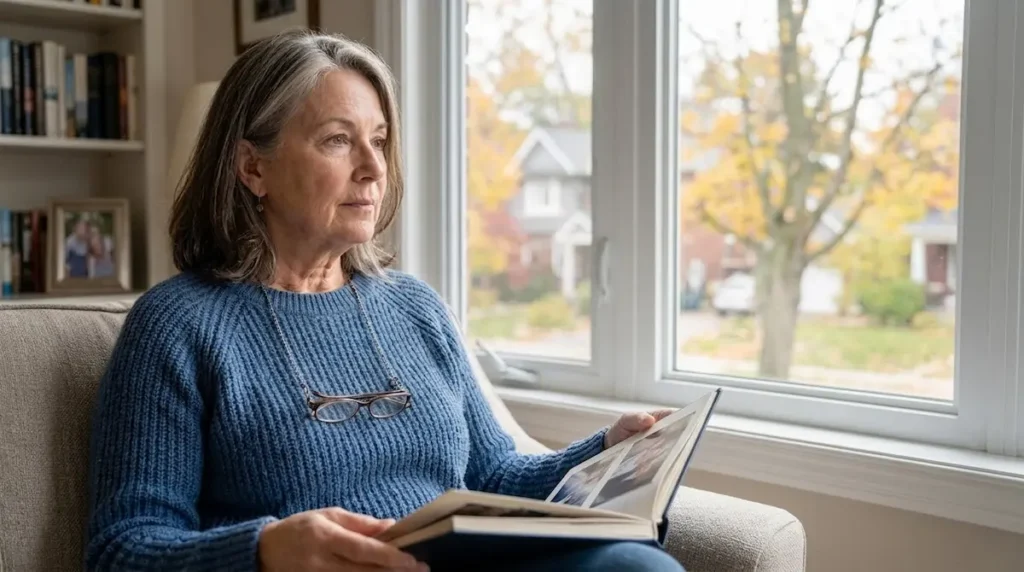 Barbara deep plane facelift review image showing a mature woman reviewing photos before surgical consultation at home.