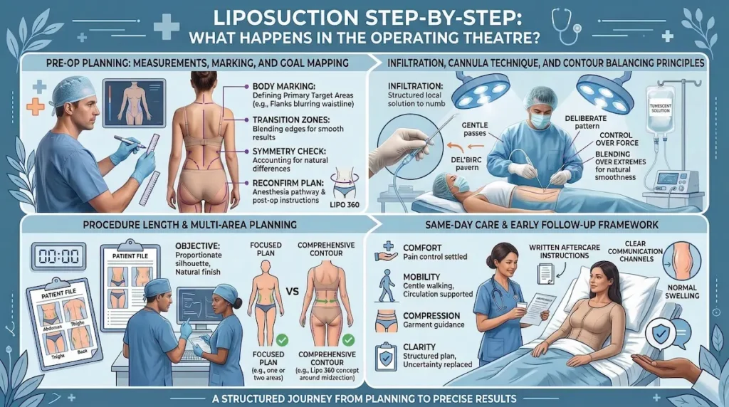 Liposuction step-by-step infographic showing pre-op marking, tumescent infiltration, cannula technique, multi-area planning, and aftercare.