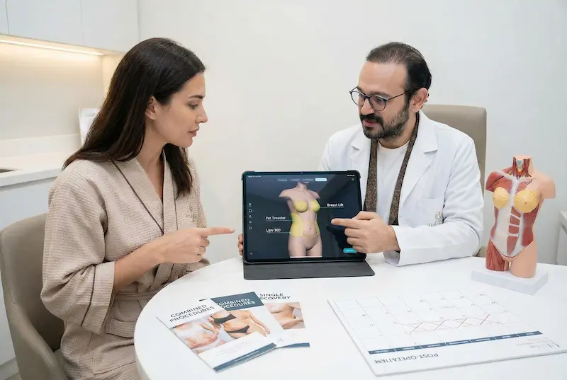 Consultation showing procedure planning to combine Fat Transfer Breast Augmentation with Lipo 360 and a breast lift on a tablet.