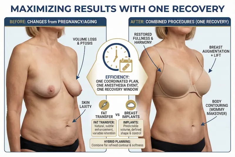 Procedures to Combine with Breast Augmentation: before-and-after showing augmentation + lift and body contouring in one recovery.