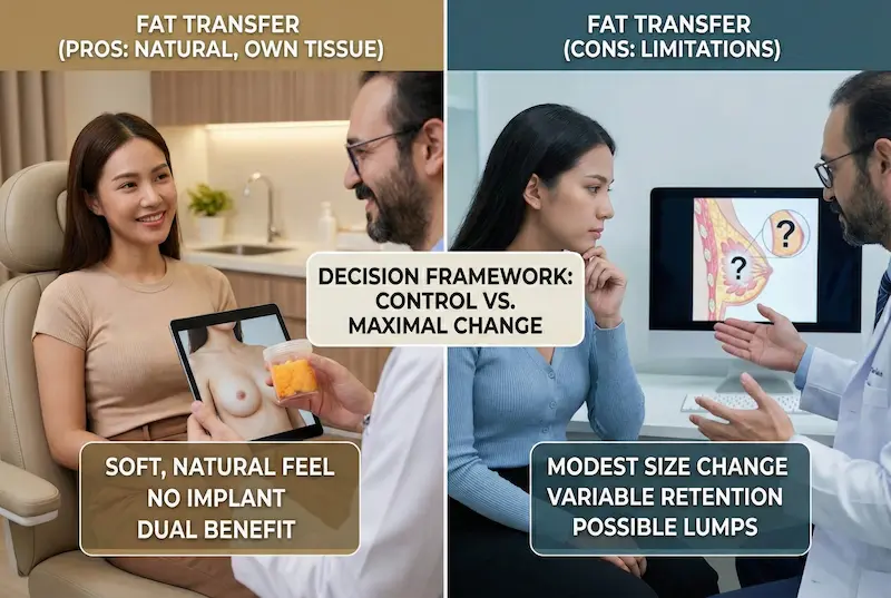 Pros and cons of Fat Transfer Breast Augmentation shown in a split image: natural feel vs limits like modest size and retention.