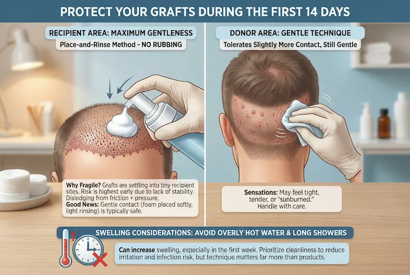 Infographic showing how to protect grafts during the first 14 days, with recipient area place-and-rinse washing and gentle donor-area cleaning after hair transplant.