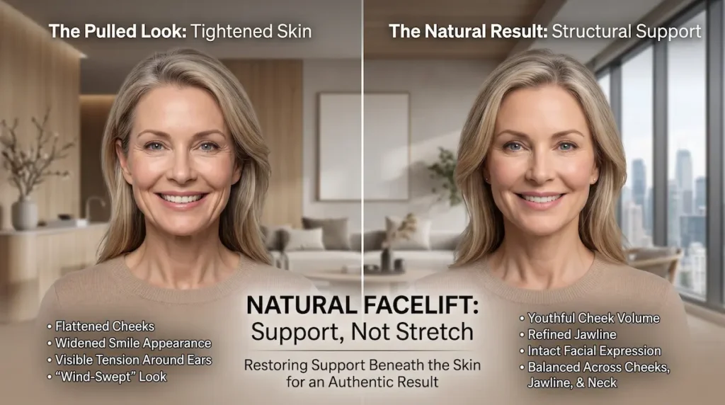 Deep plane facelift natural results comparison showing pulled tightened skin beside natural structural facial support.