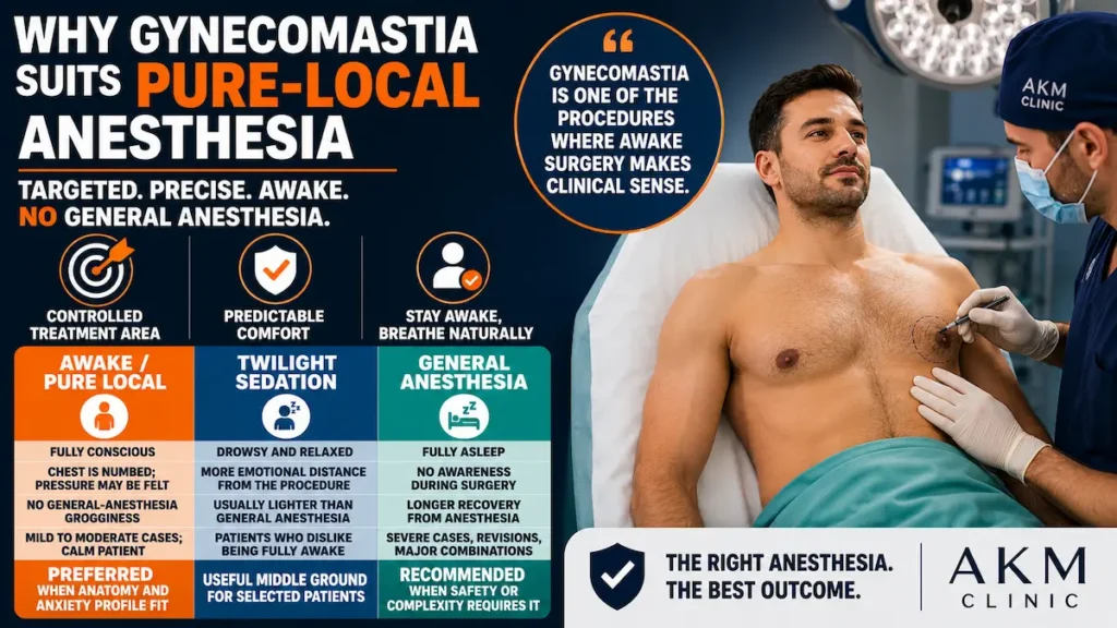 Pure-local anesthesia for gynecomastia surgery showing awake chest correction without general anesthesia.