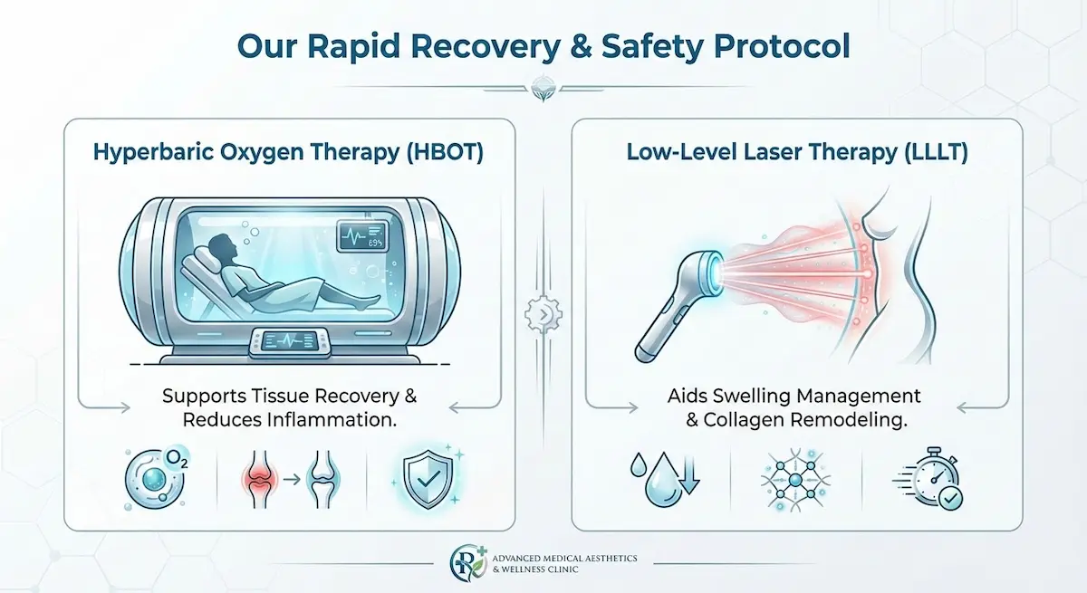 Infographic describing a rapid recovery and safety protocol featuring hyperbaric oxygen therapy (HBOT) and low-level laser therapy (LLLT).