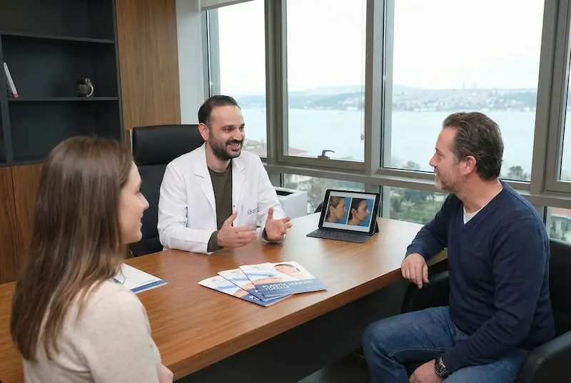 Real patient stories about Turkish plastic surgery consultation with a doctor and two patients reviewing before-and-after photos in an Istanbul clinic office.