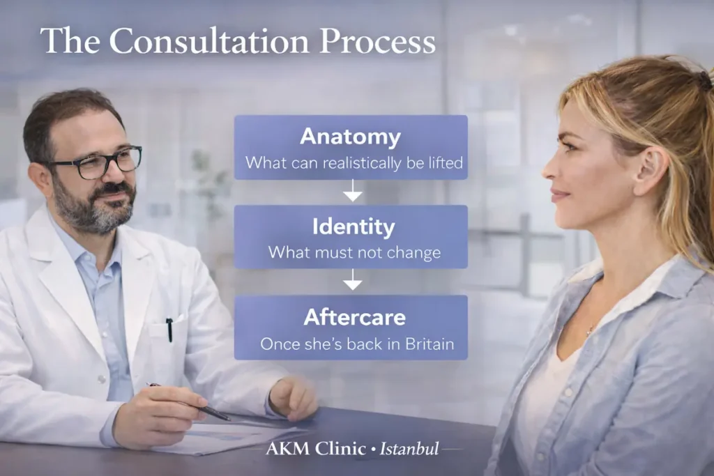 Sarah’s deep plane facelift story consultation graphic showing anatomy, identity and aftercare planning with Dr Akif Mehmetoğlu at AKM Clinic