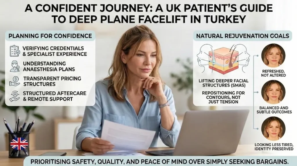 Planning checklist image for Sarah’s deep plane facelift story, covering credentials, anaesthesia plans, pricing transparency, and UK aftercare