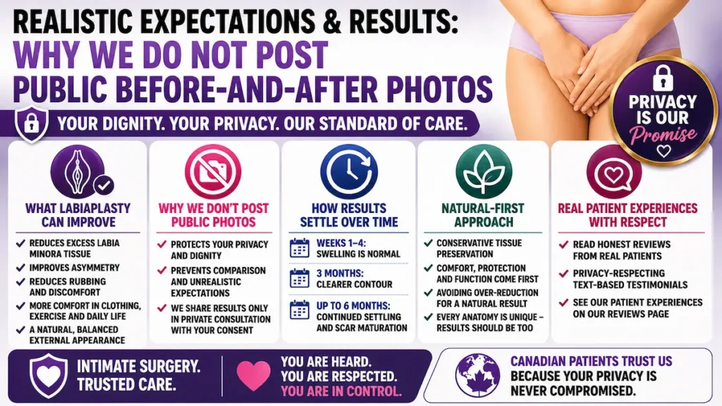 Labiaplasty results infographic explaining realistic expectations, privacy protection, natural results, and why public before-and-after photos are not posted.
