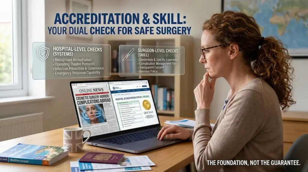 Hospital Accreditation Turkey research by a UK patient comparing hospital-level systems and surgeon-level checks on a laptop.