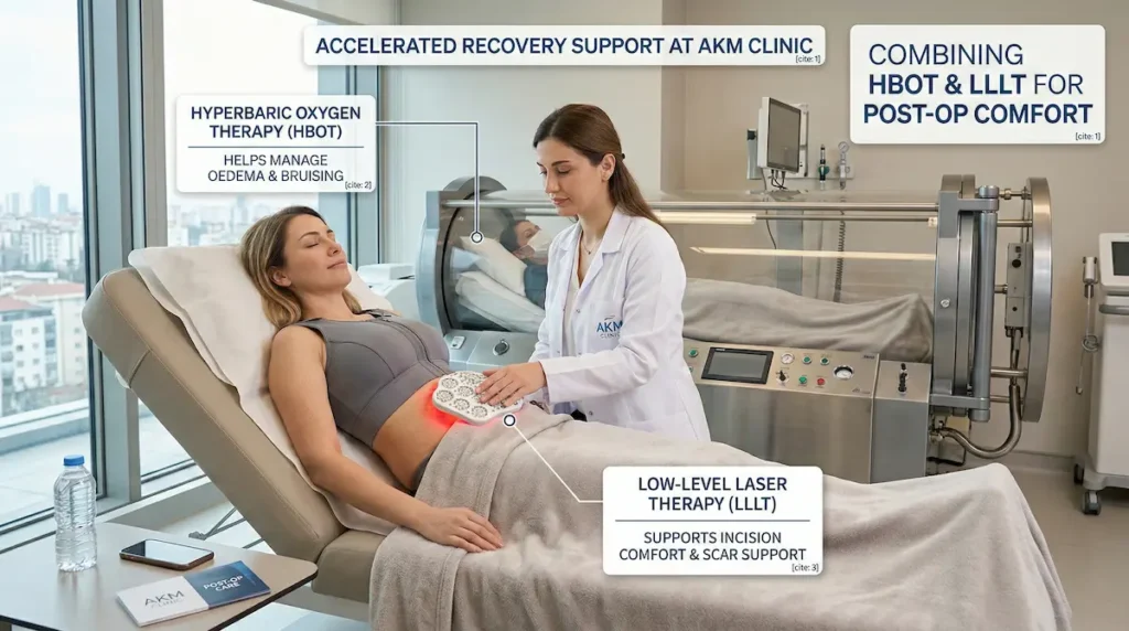 Recovery After Tummy Tuck: HBOT and low-level laser therapy (LLLT) session at AKM Clinic to support oedema, bruising, and incision comfort.