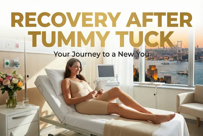 Recovery after tummy tuck: patient resting in a reclined hospital bed with knee support and Istanbul skyline view.