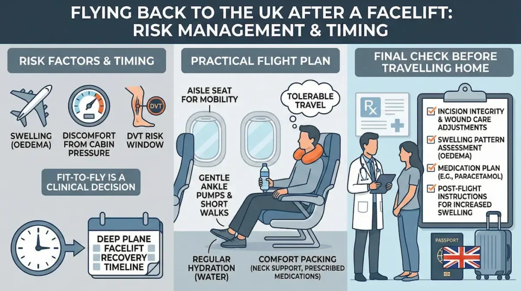 Deep plane facelift recovery flight guide infographic showing fit-to-fly checks, DVT risk window, swelling (oedema) and a practical travel plan back to the UK.