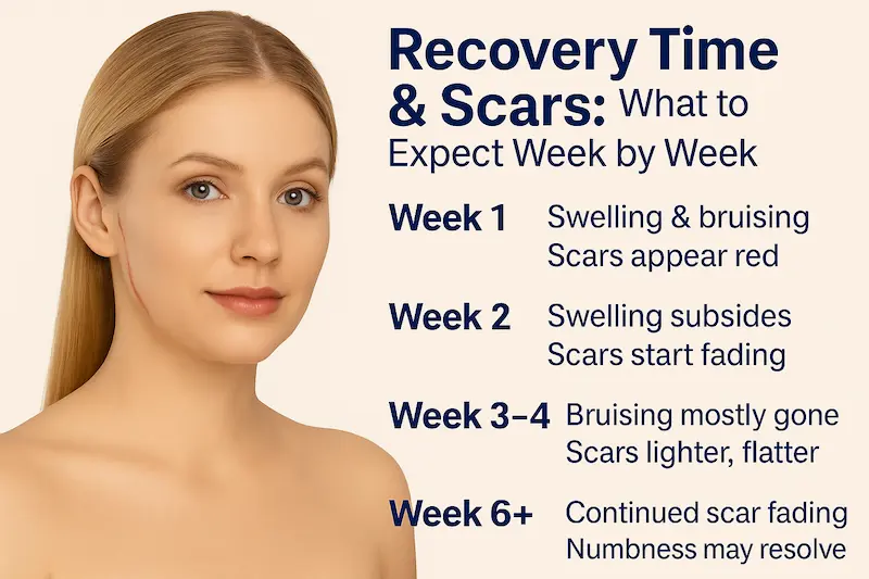 Infographic explaining recovery time for deep plane facelift, showing a week-by-week scar healing timeline beside a young woman with a faint cheek scar.