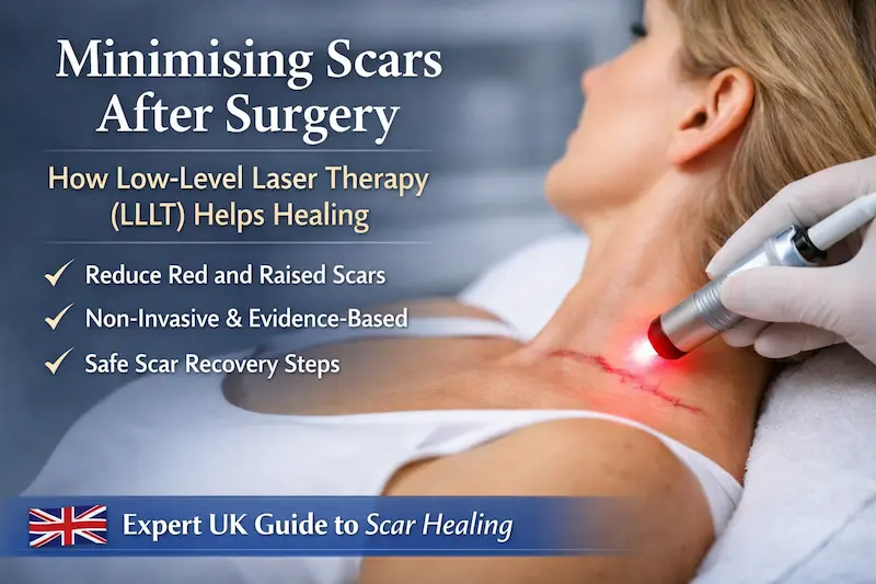 Minimising Scars: a clinician uses an LLLT device on a healing neck incision to support scar recovery after surgery.