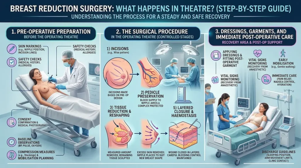 Breast Reduction step-by-step infographic showing reduction mammoplasty from pre-operative markings and safety checks to incisions, pedicle preservation, tissue reshaping, layered closure, and immediate aftercare.