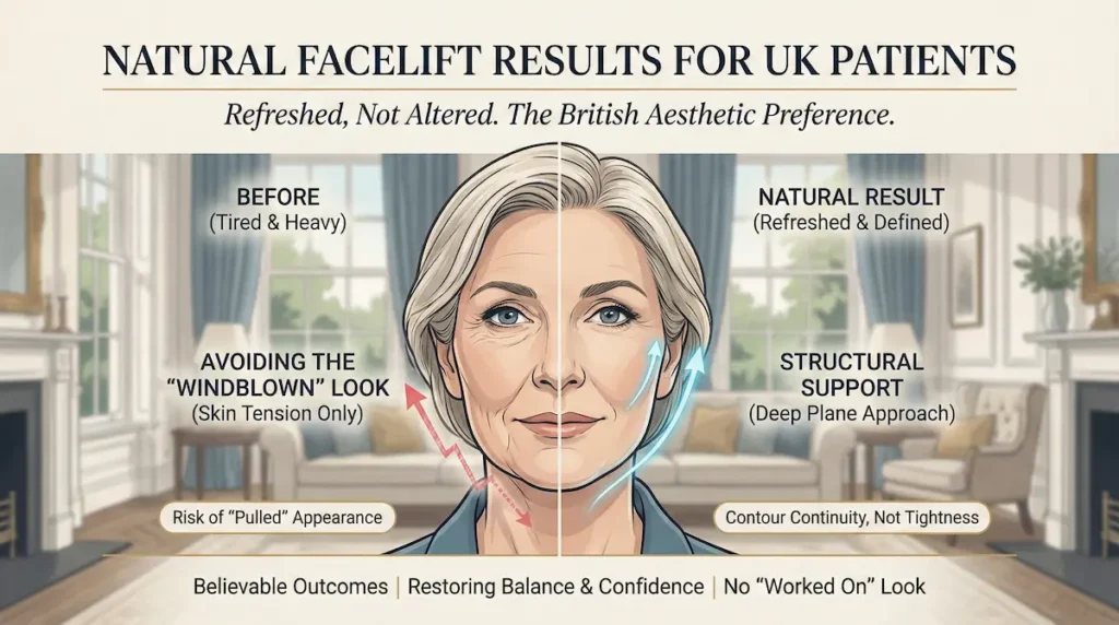 Deep plane facelift results infographic for UK patients showing refreshed not altered outcomes and avoiding the windblown look