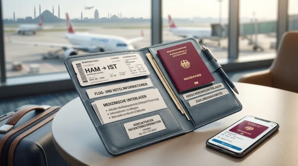 OP Reise Checkliste mit Reisepass, Bordkarte, medizinischen Unterlagen, Versicherungsnachweisen und Smartphone am Flughafen.