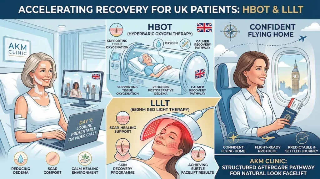 Infographic showing HBOT and LLLT recovery support for improved Facelift Results, helping UK patients reduce oedema and prepare to fly home comfortably.