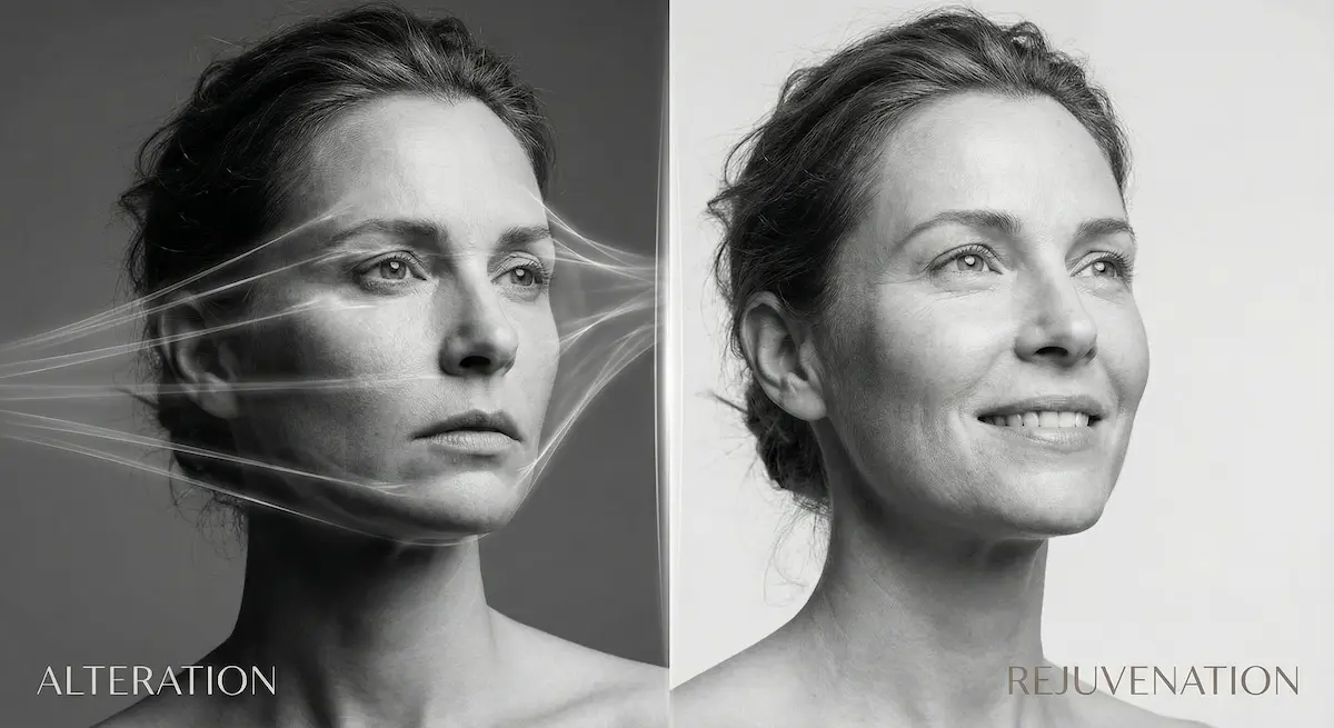Concept image comparing “alteration” versus “rejuvenation” to illustrate a natural results philosophy in facial procedures.