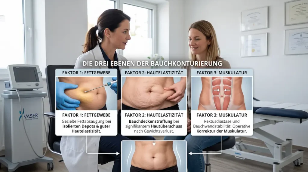 Bauchdeckenstraffung oder Fettabsaugung: Grafik zu Fettgewebe, Hautelastizität und Muskulatur als drei Faktoren der Bauchkonturierung.
