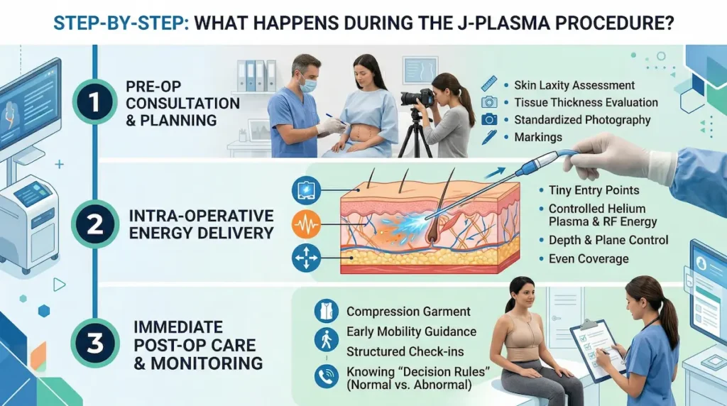 J Plasma Renuvion procedure step by step infographic showing consultation, subdermal energy delivery, and post op monitoring