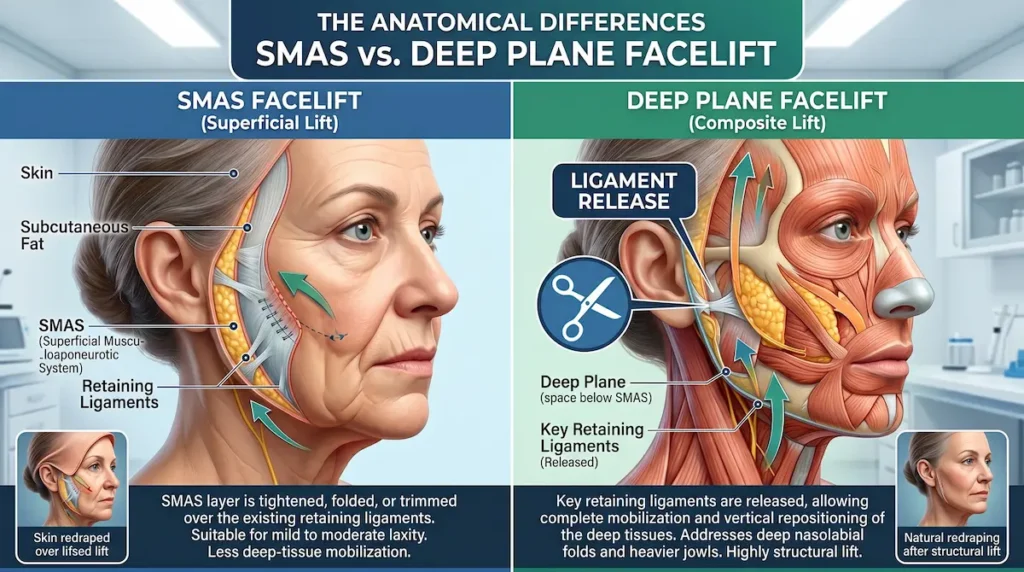 SMAS vs deep plane facelift anatomy diagram showing the SMAS layer, retaining ligaments and deep tissue release.