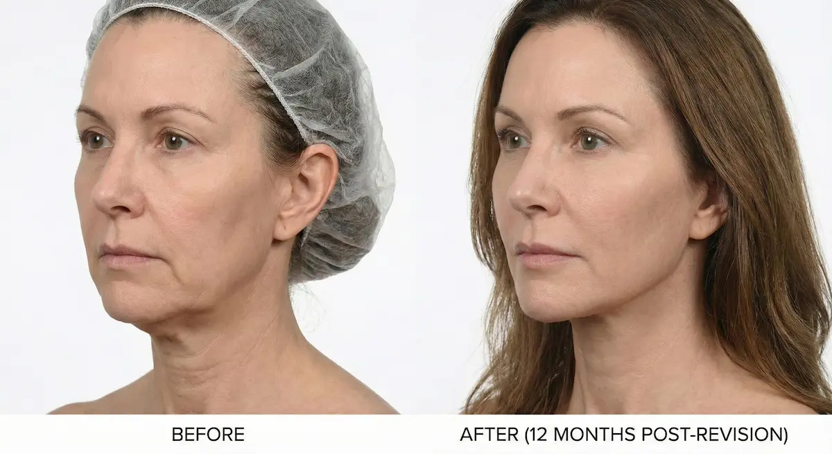 Before and after comparison of a female patient showing correction of recurrent jowls and neck laxity 12 months post-revision facelift.