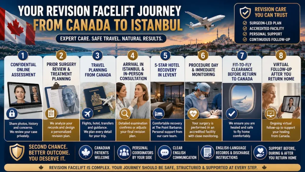 Revision facelift journey from Canada to Istanbul showing consultation, travel, surgery, recovery, and follow-up.
