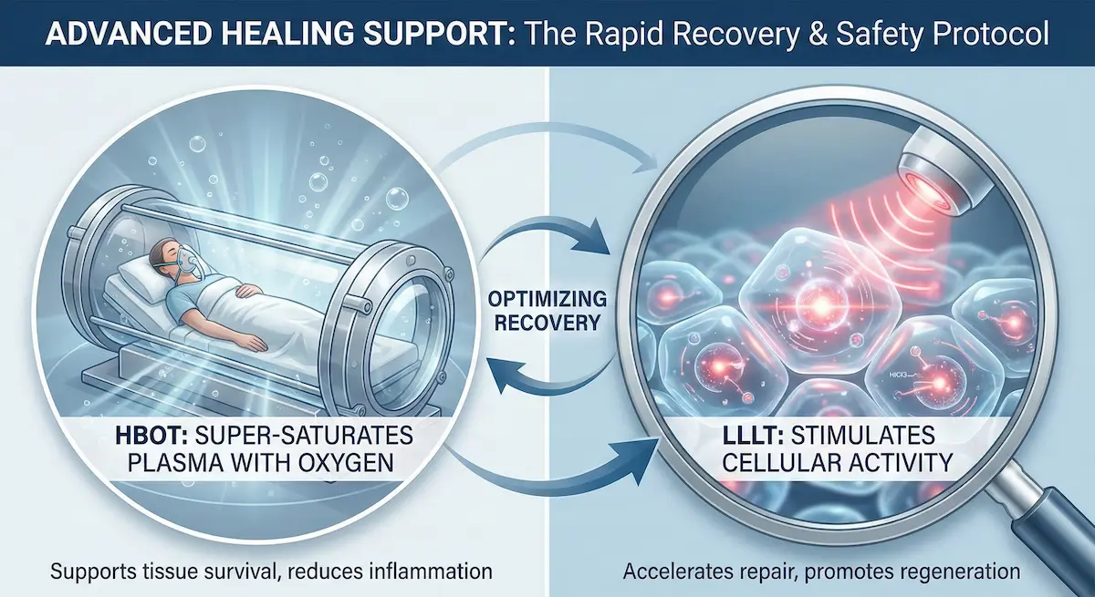 Illustration of Hyperbaric Oxygen Therapy (HBOT) chamber and Low-Level Laser Therapy (LLLT) cellular stimulation used for accelerating revision facelift recovery.
