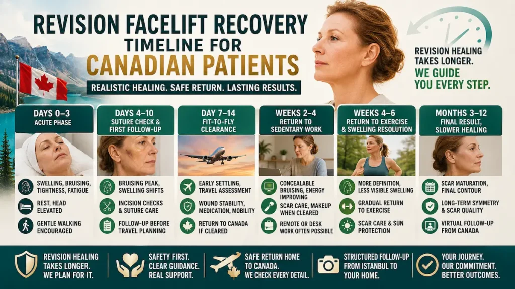 Revision facelift recovery timeline for Canadian patients showing healing stages, fit-to-fly clearance, and follow-up.