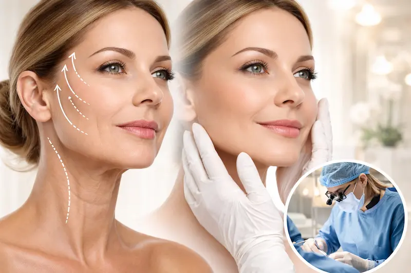 Revision Facelift Surgery before and after comparison showing a smoother jawline, lifted midface, improved neck contour, and expert surgical care.