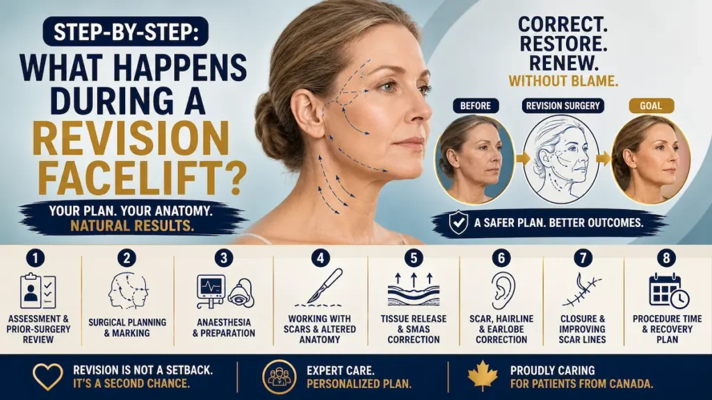 Revision facelift surgery steps showing assessment, markings, anesthesia, scar release, and recovery planning.